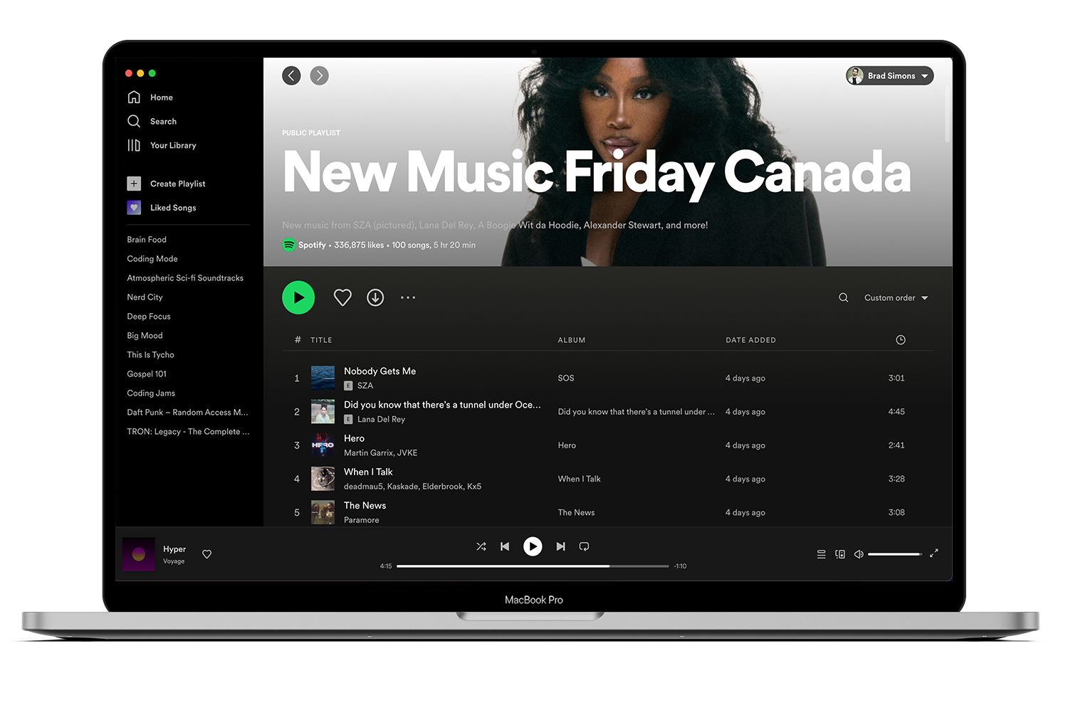 Laptop image with Spotify desktop application open showing the New Music Friday Canada editorial playlist